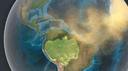 科學家根據衞星資料，分析沙從非洲飄至南美洲的情況。（互聯網圖片）