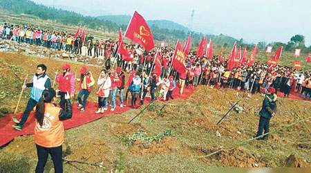 參加者踩着紅地氈前往植樹現場。（互聯網圖片）
