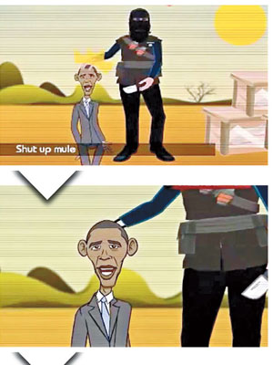IS支持者製恐怖短片<br>（上至下圖）動畫講述的奧巴馬被聖戰約翰斬首，其後奧巴馬從噩夢中驚醒。（互聯網圖片）