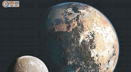 卡戎（左）是冥王星（右）的最大衞星，下為衞星尼克斯的運行圖。（設計圖片）