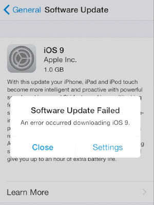 蘋果用戶安裝iOS 9失敗，彈出「出現錯誤」訊息。（互聯網圖片）