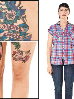瑪姬有多個紋身圖案，多年來都不敢在父母面前穿短褲。（互聯網圖片）
