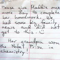 馬迪的父母寫紙條予老師，交代女兒無法交功課的原因。