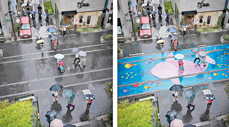 設計團隊利用感濕顏料，為街頭（左圖）帶來色彩（右圖）。（互聯網圖片）