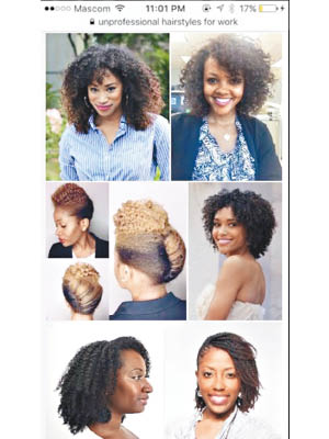 搜尋「不適用於上班的髮型」，結果顯示大多是黑人女性。（互聯網圖片）
