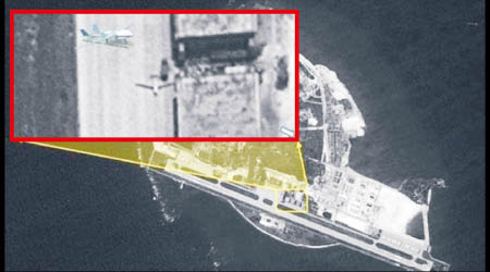 美媒公布最新衞星圖像，指中國已在永興島上部署無人機（紅框示）。（互聯網圖片）