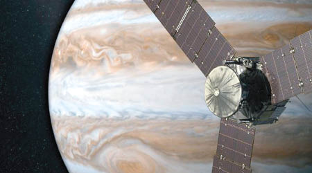 畫家筆下朱諾號圍繞木星運行情況。（美國太空總署圖片）
