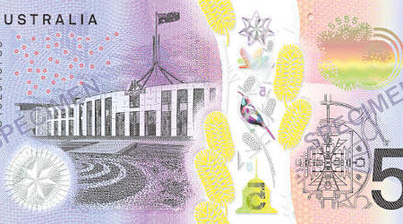 圖為澳洲新版五元紙幣。（澳洲儲備銀行圖片）