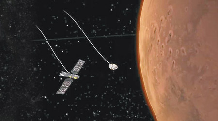 圖為夏帕雷利號進入火星大氣層模擬圖。（歐洲太空總署圖片）