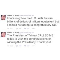 特朗普在twitter發文提及，台灣的總統致電給他。