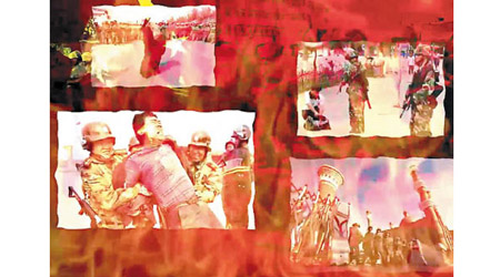「火燒」疆警<br>IS發放的片段中展示疑似新疆警察拘捕維族人的情況，背景是熊熊烈燄。（互聯網圖片）