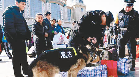 警員及警犬檢查旅客行李。（互聯網圖片）