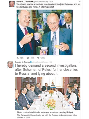 （上圖）特朗普首先貼出民主黨參議院領袖舒默與俄羅斯總統普京談笑食餅的舊照。<br>（下圖）其後再貼出一篇報道，指民主黨眾議院領袖佩洛西（右二）於二○一○年，曾與俄羅斯時任總統梅德韋傑夫（左二）會面。（互聯網圖片）
