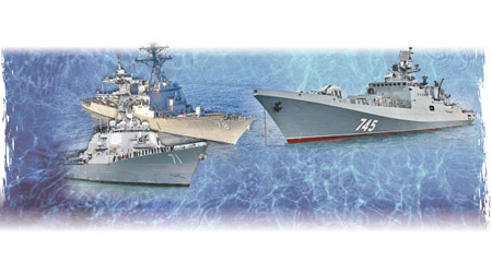 （左上）美神盾驅逐艦「波特號」、（左下）美神盾驅逐艦「羅斯號」、（右）俄導彈護衞艦「格里戈羅維奇海軍上將號」