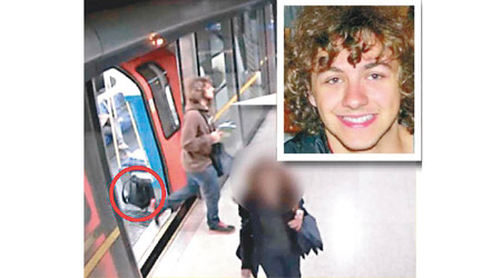 史密斯（小圖）把背包（紅圈）遺棄在地鐵列車內。（警方圖片）