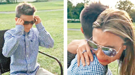 麥考里戴上色盲矯色眼鏡後（左圖），與家人相擁哭泣（右圖）。（互聯網圖片）