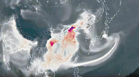 影像顯示中國的一氧化碳濃度最高。