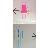 上圖：女廁指示牌印有小童。下圖：男廁標誌上的領帶甚為搶眼。