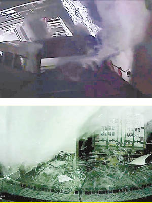 上及下圖：世越號部分閉路電視及行車紀錄儀的畫面成功修復，片中可見大量海水湧入船艙。（電視畫面）