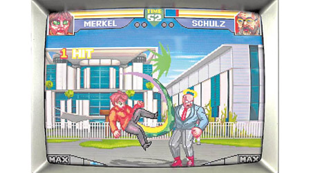 默克爾在遊戲中是「蜥蜴人」（左）與舒爾茨（右）格鬥。