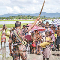 孟加拉邊境人員截停剛到的羅興亞難民。（美聯社圖片）