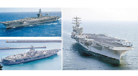 美軍航母羅斯福號（左上圖）、列根號（左下圖）及尼米茲號（右圖）集結亞太。