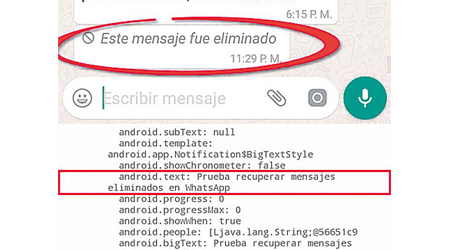 西班牙網民發現「通知紀錄」（下圖）可重現被刪走的訊息（上圖）。
