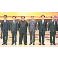 金正恩（左三）與南韓特使團代表合照。