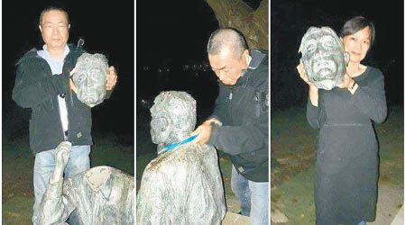 李承龍及女性友人邱晉芛將八田與一的銅像「斬首」。（資料圖片）