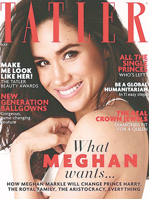 梅根在雜誌封面展現燦爛的笑容，並露出香肩。（互聯網圖片）