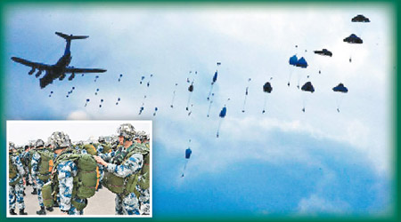 放軍空降兵部隊，早前展開空降訓練（大圖、小圖）。（互聯網圖片）