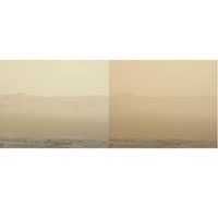 沙塵暴吹襲下，火星的能見度明亮（左）變成昏暗（右）。（美聯社圖片）