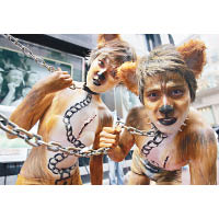 有示威者打扮成狗隻抗議。