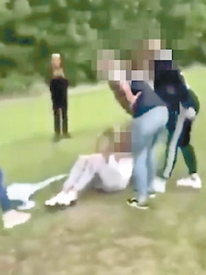 坐在草地上的少女遭童黨圍毆。（互聯網圖片）
