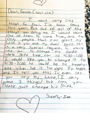佐薇寫給聖誕老人的信，盡見其孝心。