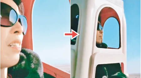 女子頭罩膠櫈（箭嘴示），模仿坐飛機的畫面。（互聯網圖片）