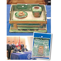 中美代表簽署文物歸還證書（左下），歸還中國的文物保存良好（上、右下）。（互聯網圖片）