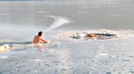 莫斯哥夫跳進湖中救狗。（互聯網圖片）