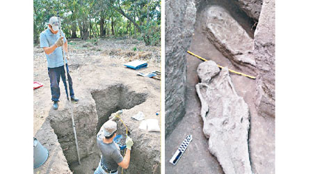 右圖：出土遺骨證有萬年歷史。左圖：專家在雨林發現遺址。