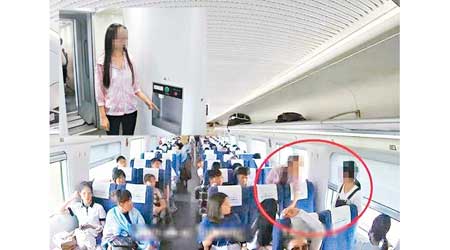 楊女（左）不滿李女將其水杯碰翻（紅圈示），於是從列車的熱水機裝熱水（小圖）淋向李女。（互聯網圖片）