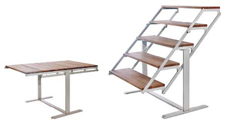 Swing餐桌由五塊木板構成（左），轉動支架後變身直立層架（右）。