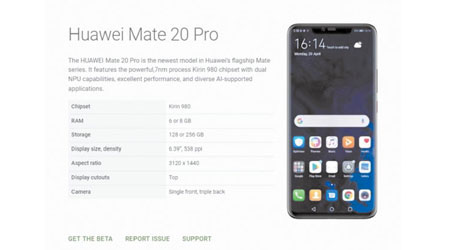 Android Q Beta網頁出現華為Mate 20 Pro手機的介紹。（互聯網圖片）