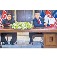 金正恩（左）與特朗普（右）曾於新加坡峰會簽署宣言。