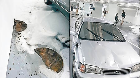金屬渠蓋被炸成兩半（左圖），砸凹私家車車頭蓋（右圖）。（互聯網圖片）