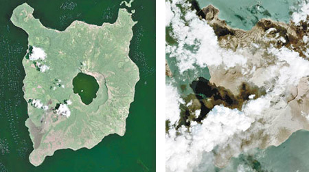 塔阿爾湖周遭的翠綠（左）已被火山灰覆蓋。