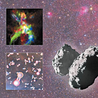 研究指彗星67P（右）從AFGL（左上）把一氧化二磷（左下）帶到地球。