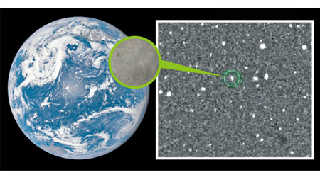 天文學家發現迷你月亮。左為構想圖。右為2020 CD3（綠圈）被地球引力牽引的軌迹圖。