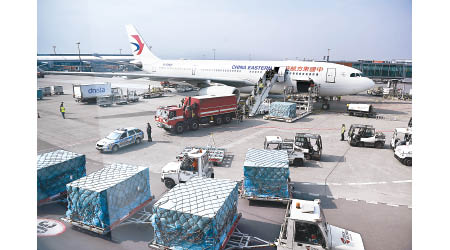 消防員從降落布拉格機場的中國飛機內卸下醫療物資。（美聯社圖片）
