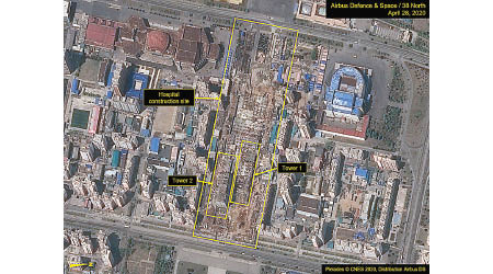 衞星圖像顯示平壤綜合醫院（黃框部分）正在趕工。