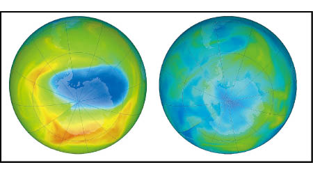 左圖：北極上空早前出現臭氧洞。右圖：近日臭氧洞已修復。（美聯社圖片）